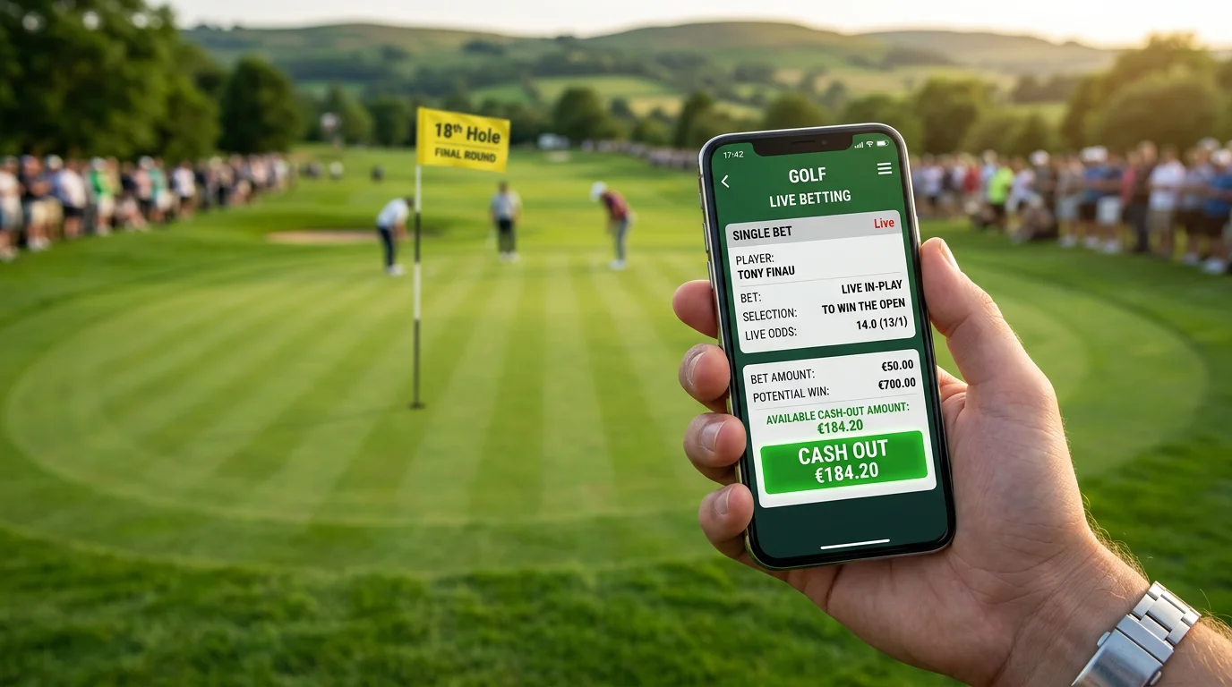 Smartphone-Wettschein mit aktivem Cash-Out-Button während einer Golf-Live-Wette in der Schlussrunde