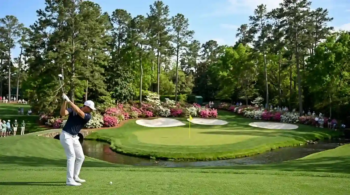 Loch 12 in Augusta National mit Rae's Creek im Vordergrund und blühenden Azaleen am Amen Corner