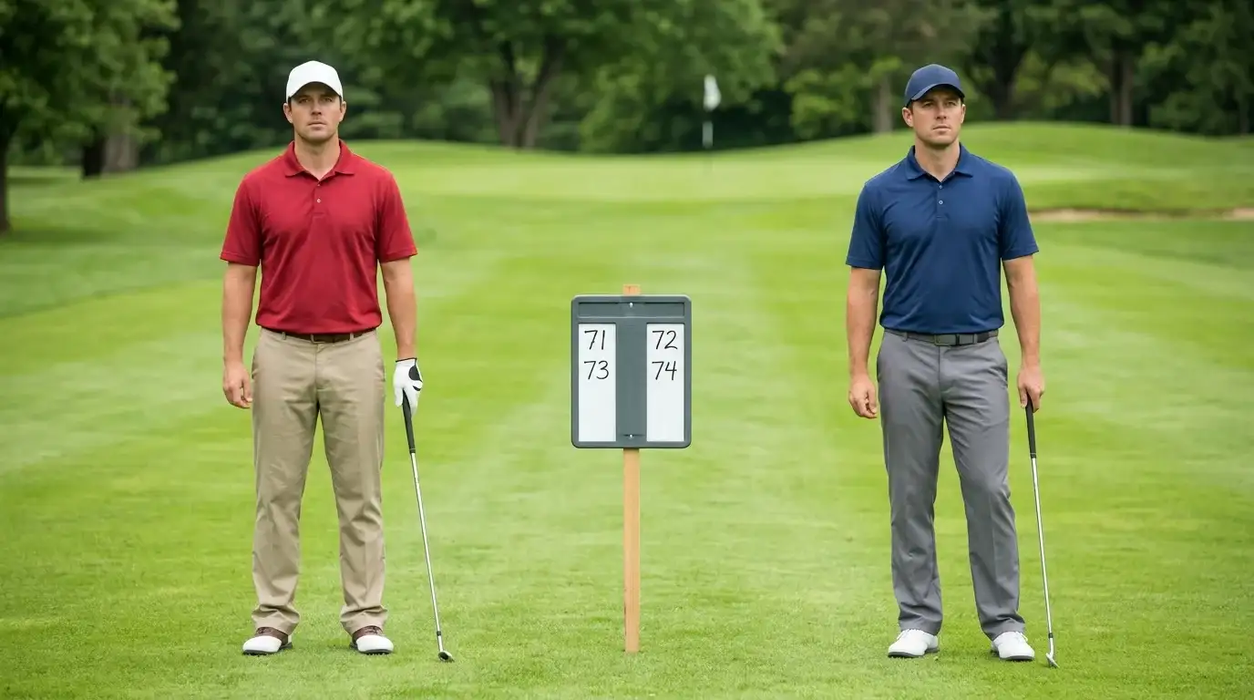Zwei Golfspieler im direkten Vergleich auf einem Fairway mit Score-Board zwischen ihnen