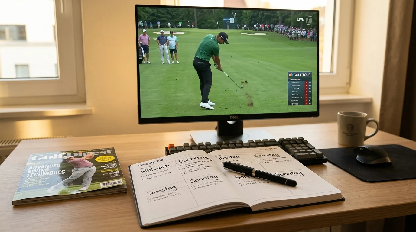 Notizblock mit Tag-für-Tag-Wett-Strategie und Golf-Turnier-Stream im Hintergrund