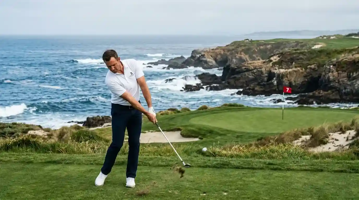 Loch 7 in Pebble Beach mit Pazifikküste im Hintergrund und Spieler beim Annäherungsschlag