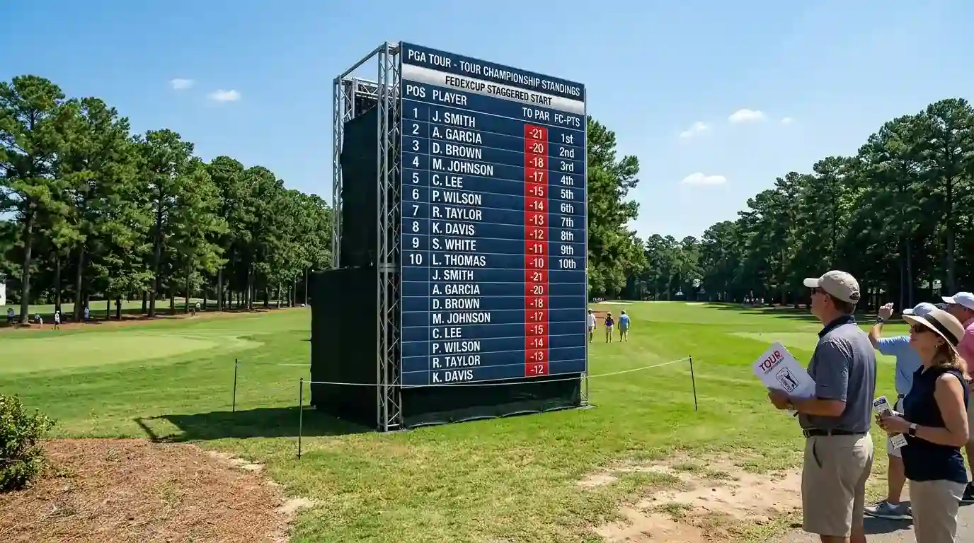 Leaderboard der Tour Championship in East Lake mit Staggered-Start-Anzeige der FedEx-Cup-Standings
