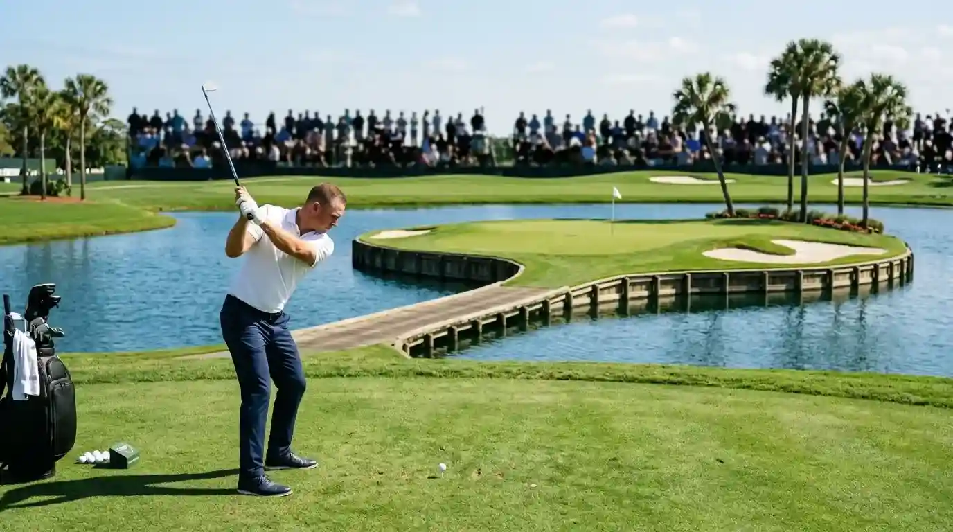 Loch 17 mit dem berühmten Insel-Grün auf TPC Sawgrass mit Galerie und Spieler beim Annäherungsschlag