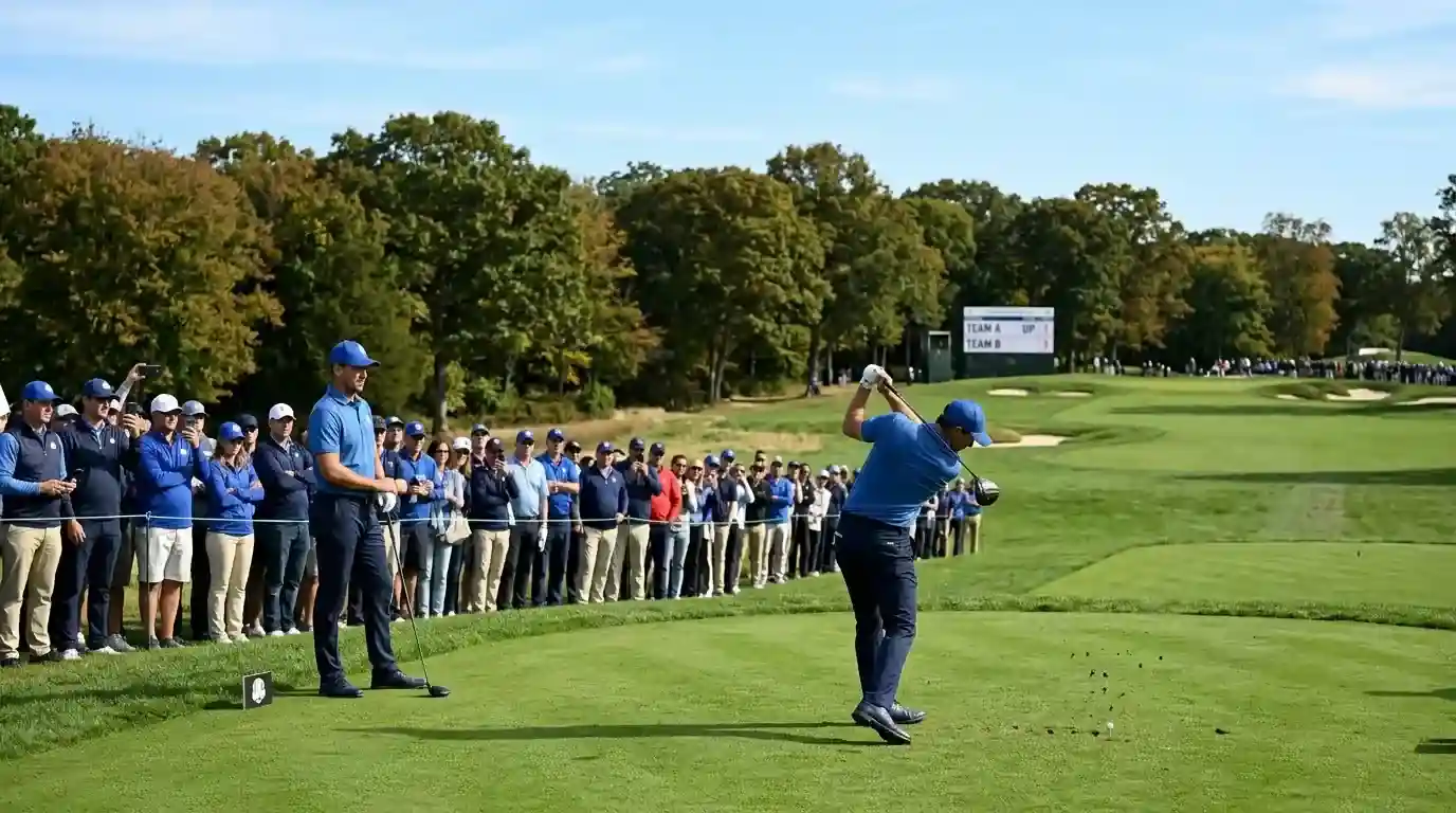 Ryder-Cup-Atmosphäre auf Bethpage Black mit einer Galerie aus Fans in Team-Farben hinter einem Foursomes-Tee-Shot