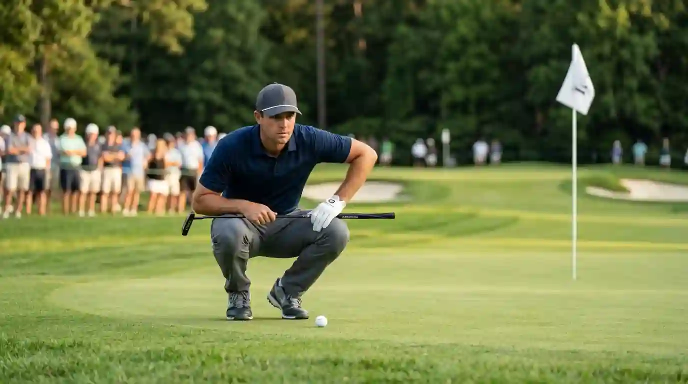 Golfspieler beim Putt auf einem schnellen Green mit ablesbarem Slope während einer PGA-Tour-Schlussrunde