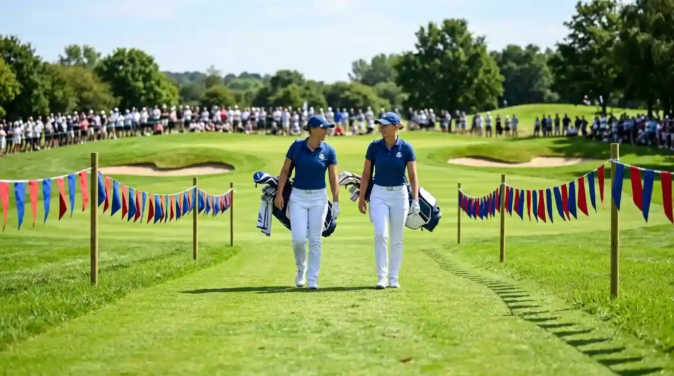 Solheim-Cup-Atmosphäre mit europäischen und amerikanischen Flaggen entlang des Fairways und Spielerinnen in Team-Kleidung