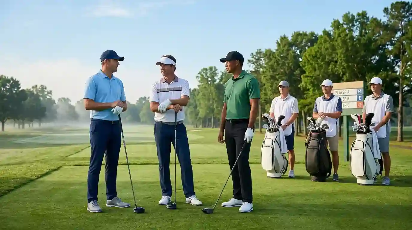 Drei Golfprofis am Abschlag eines Three-Ball-Flights bei einem PGA-Tour-Turnier