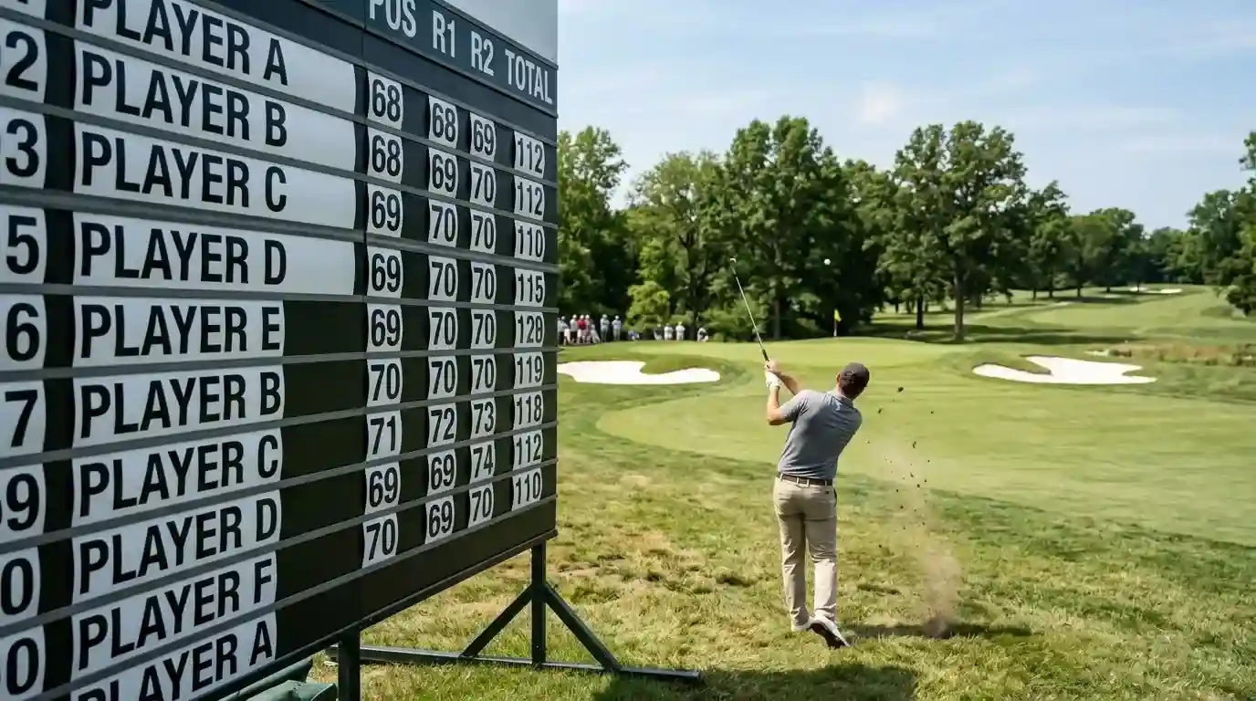 Leaderboard mit den Top-10-Spielern eines Golfturniers und Spieler beim Annäherungsschlag auf das Green