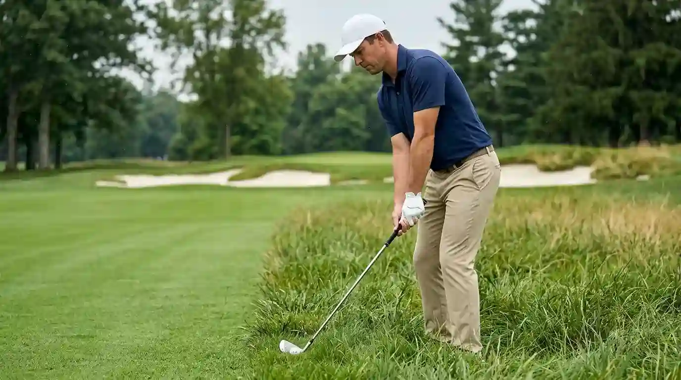 USGA-typisches dichtes Rough am Fairway-Rand eines US-Open-Platzes mit Spieler in der Annäherung