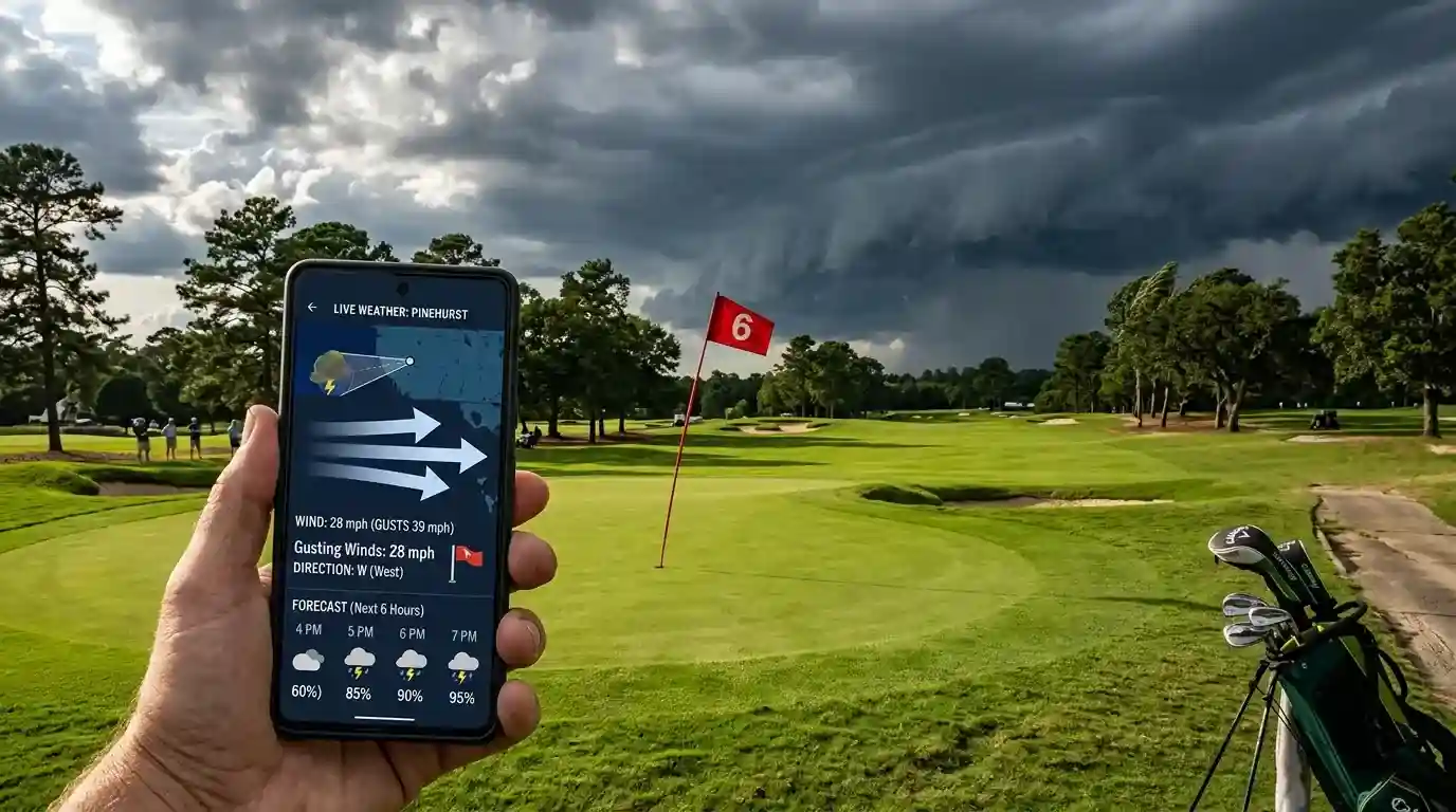 Golfplatz mit aufziehender Front und Windrichtungs-Anzeige auf einer Wetter-App für Live-Wetten